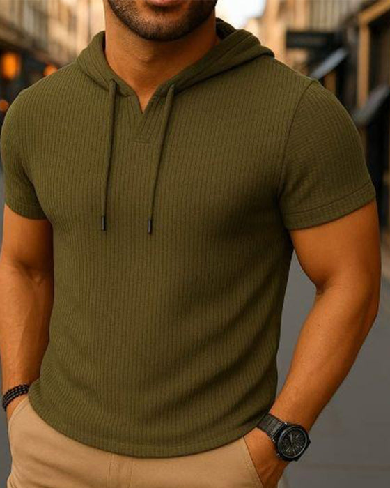 V-Neck Slit Vertical Stripe Short Sleeve Hoodie T-Shirt