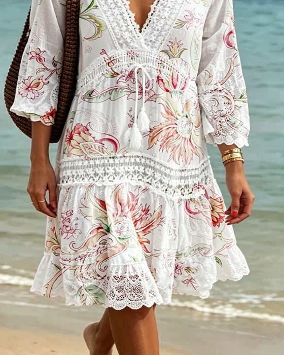 V-Neck Lace Tie Print Dress