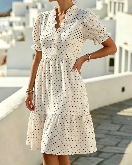 V-Neck Lace Trim Polka Dot Dress