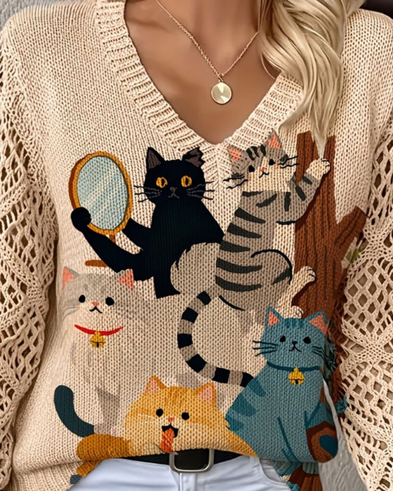 V-Neck Hollow Out Cartoon Cat Print Pullover