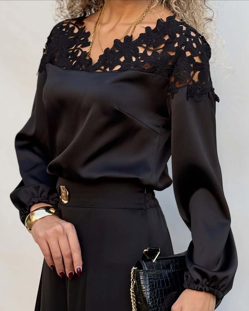 Hollow-Out Solid Color Long-Sleeved Spliced Blouse