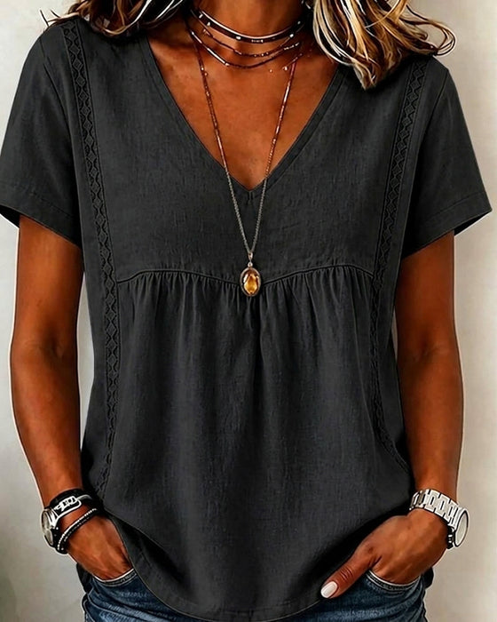 V-Neck Shirred Short Sleeve Blouse