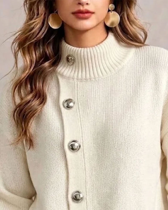 Turtleneck Diagonal Button Casual Pullover