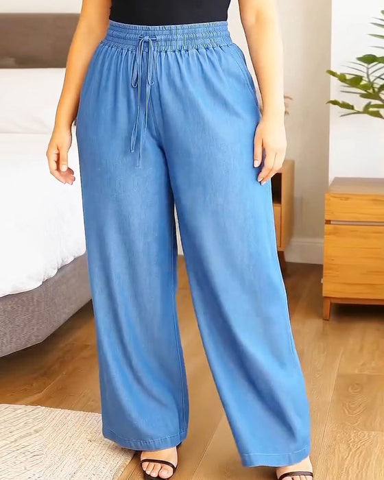 Elastic Waist Drawstring Solid Wide Leg Long Pant