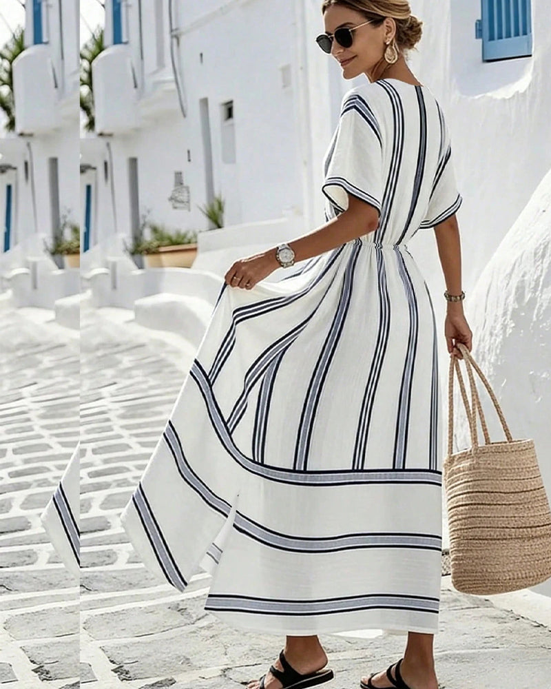 Elegant Sophisticated Striped Cross Waist Dress