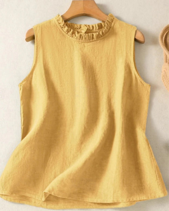 Solid Color Sleeveless Round Neck Lace Tank Top