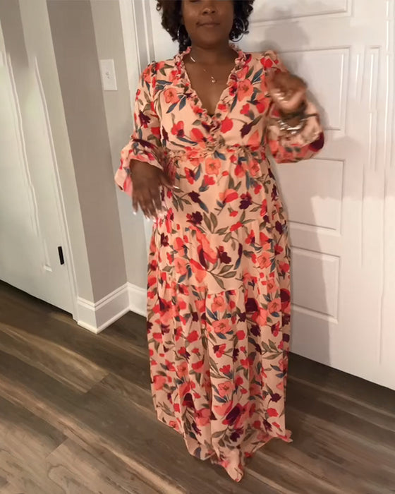 V-Neck Long Sleeve Floral Dress