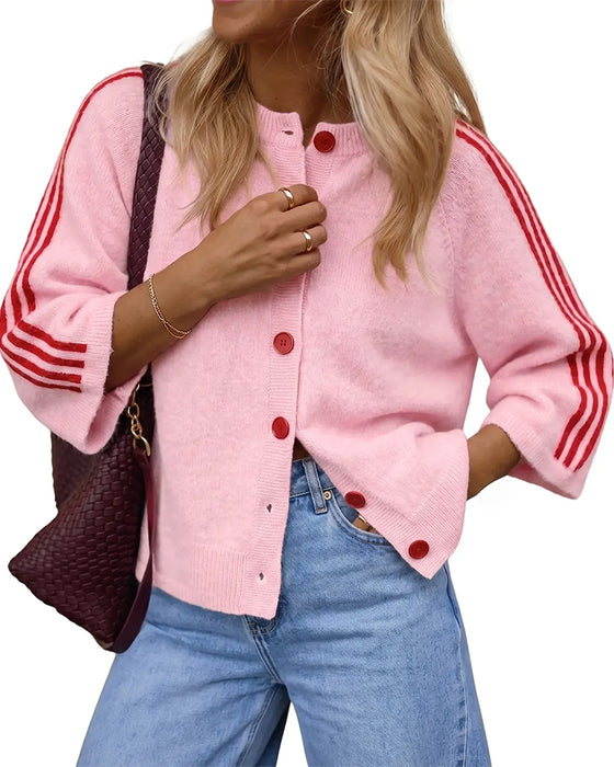 Striped 3/4 Sleeve Button Cardigan