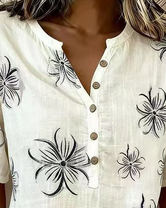 Crew Neck Button Down Floral Casual Blouse