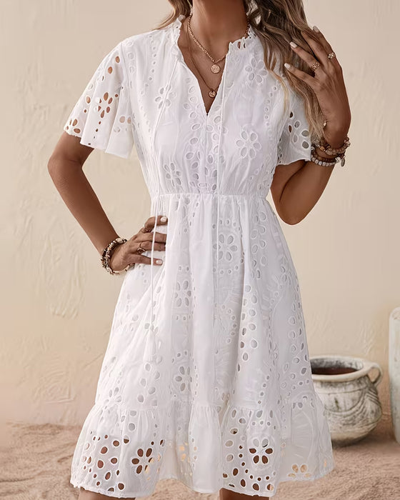 V-Neck Cutout Drawstring Waist-Cinching Dress