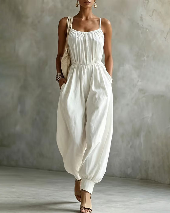 Spaghetti Strap Pleated Waist-Cinching Wide Leg Jumpsuit