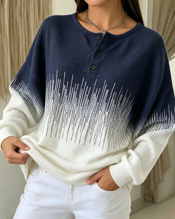 Crewneck Button Waffle Knit Color Block Sweatshirt