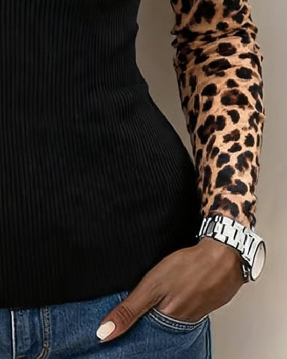 Mock Layered Leopard Print Relaxed Blouse
