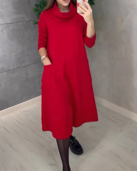 Solid color turtleneck pocket dress