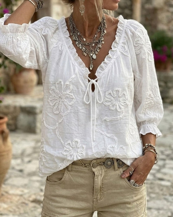 V-Neck Wrap Tie Ruffled Blouse