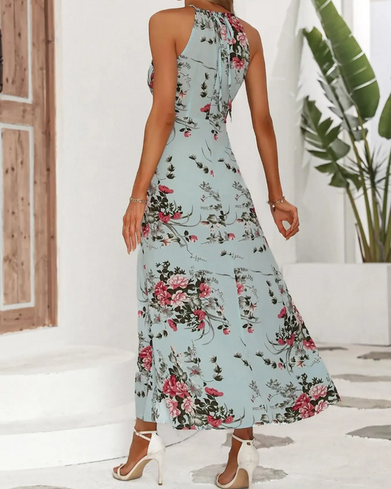 Halterneck Slit Waisted Floral Dress