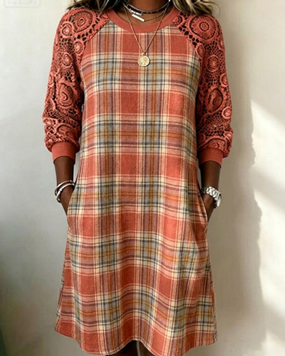 Plaid Lace Raglan Midi Dress