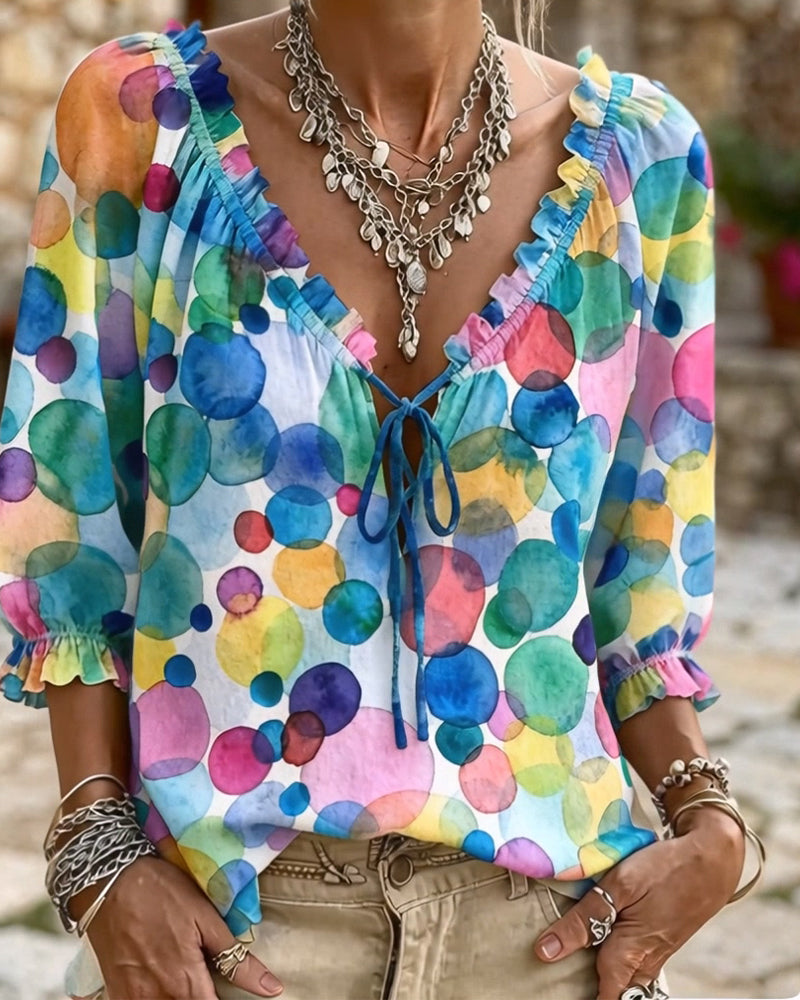 V-Neck Ruffle Sleeve Blouse