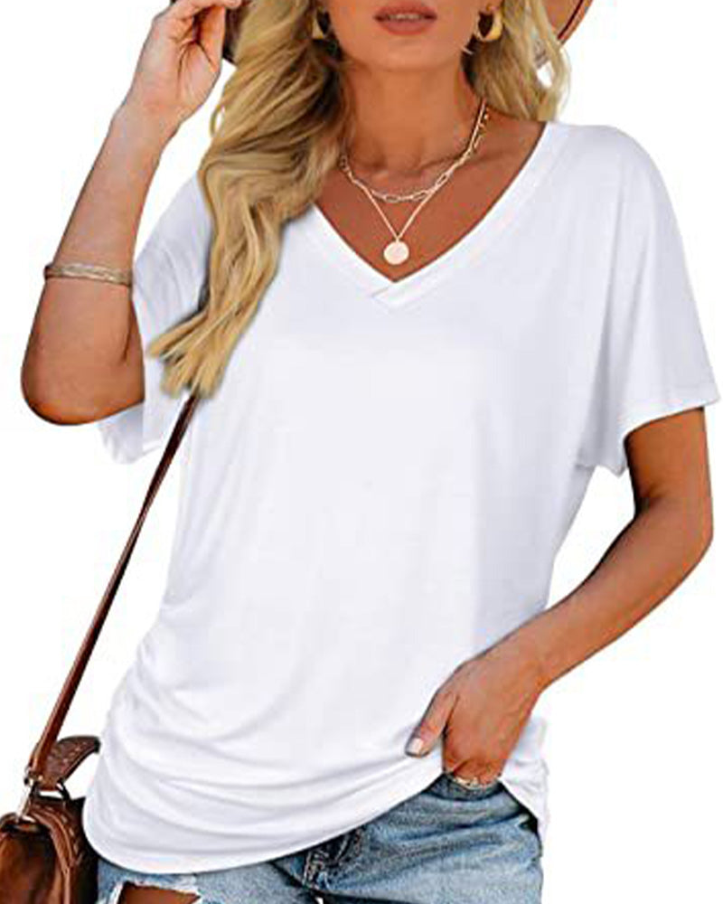 Pleated Solid Color V-Neck T-Shirt