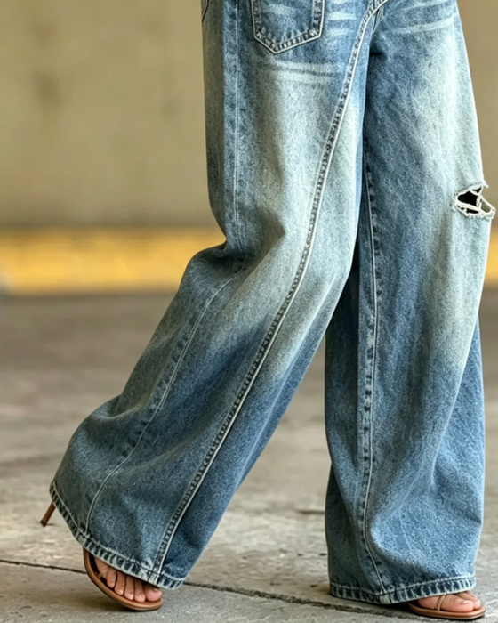 Irregular Ripped Denim Long Pants