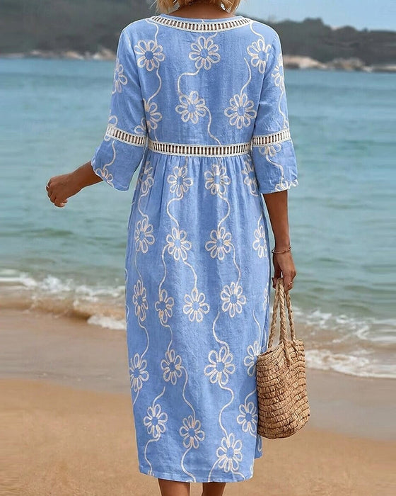 V-Neck Cut-Out Patchwork Floral Loose Dresses