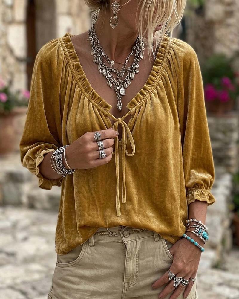 Drawstring Velvet Short Sleeve Blouse