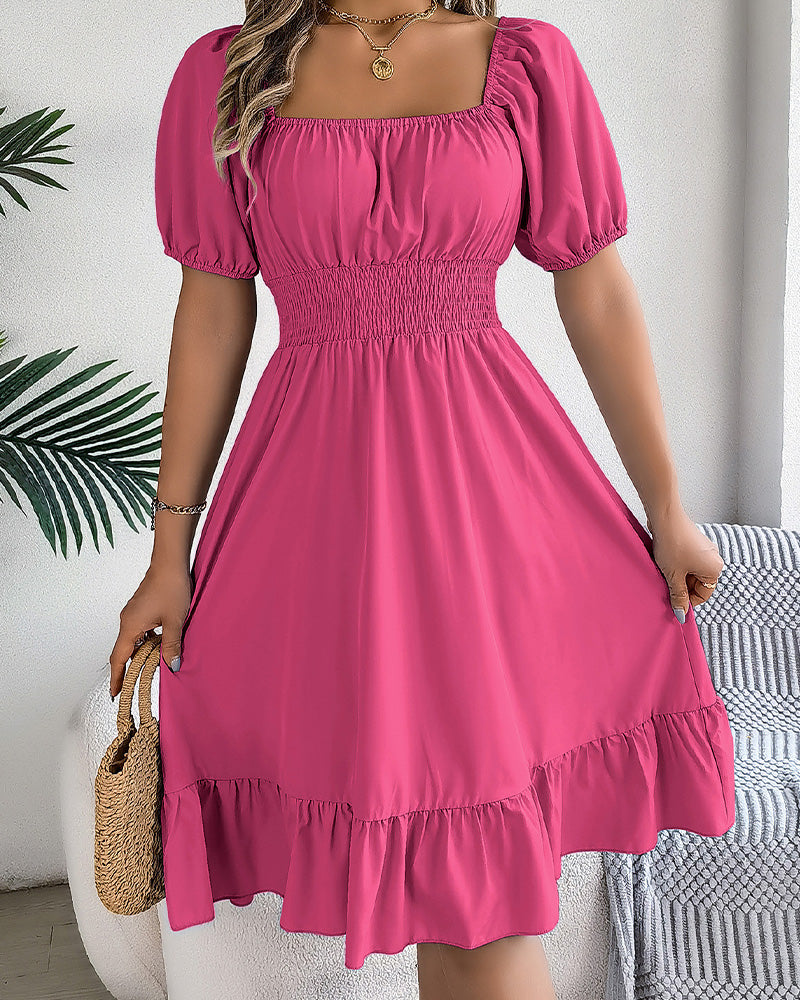 Square Neck Cinched Waist Ruffle A-Line Dress
