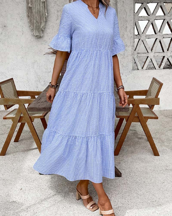 Blue White Gingham V-Neck Dress