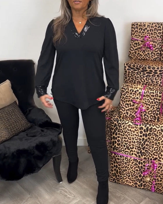 Solid Color Commuting Top with V-neck