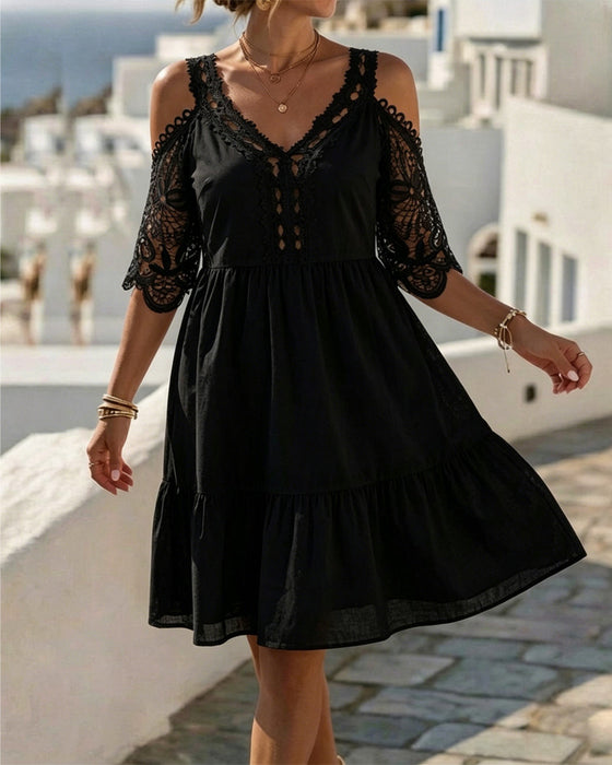 Lace Off-Shoulder Tiered Short Dresses