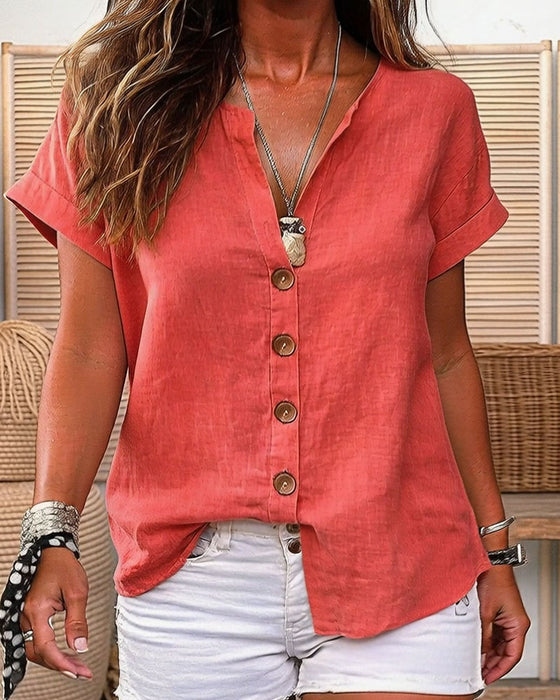 V-Neck Single-Breasted Short Sleeve Shirt