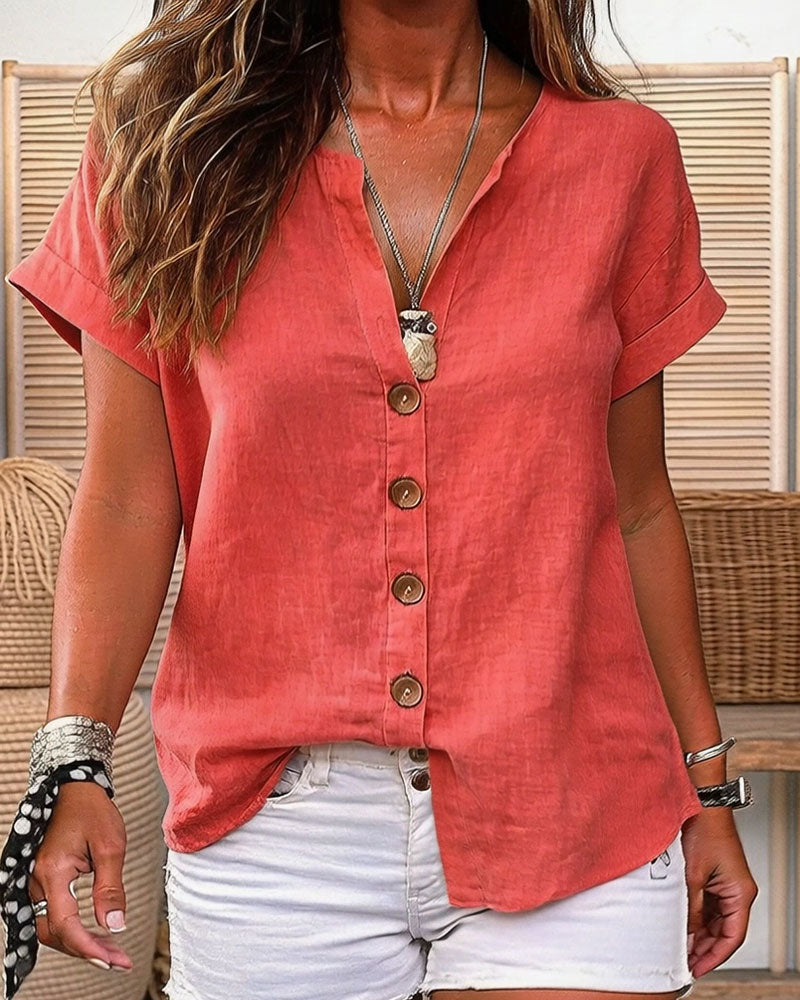 V-Neck Single-Breasted Short Sleeve Shirt