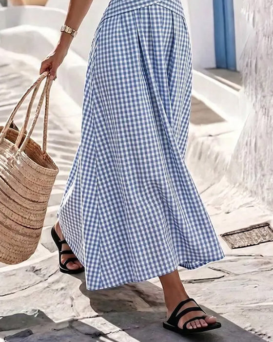Crew Neck Cross Ruched Plaid Dress