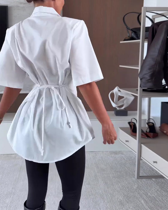 Fitted Elbow-Length Sleeve Lapel Long Shirt