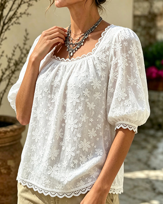 Square Neck Puff Sleeve Jacquard Blouse