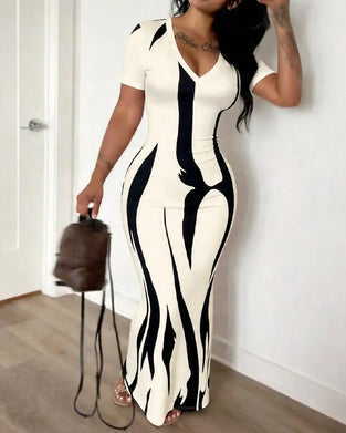 V-Neck Stripe Fitted Waist-Cinching Dress