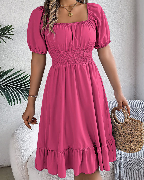 Square Neck Cinched Waist Ruffle A-Line Dress