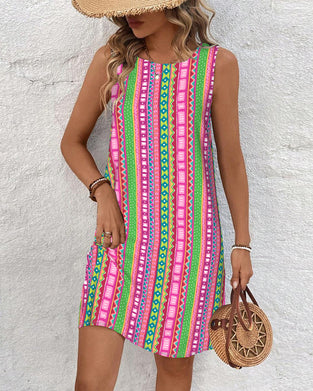 Round Neck Sleeveless Colorful Print Dress