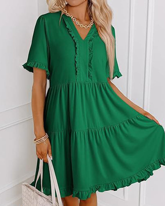 Ruffle Trim V-Neck Tiered Hem Dress