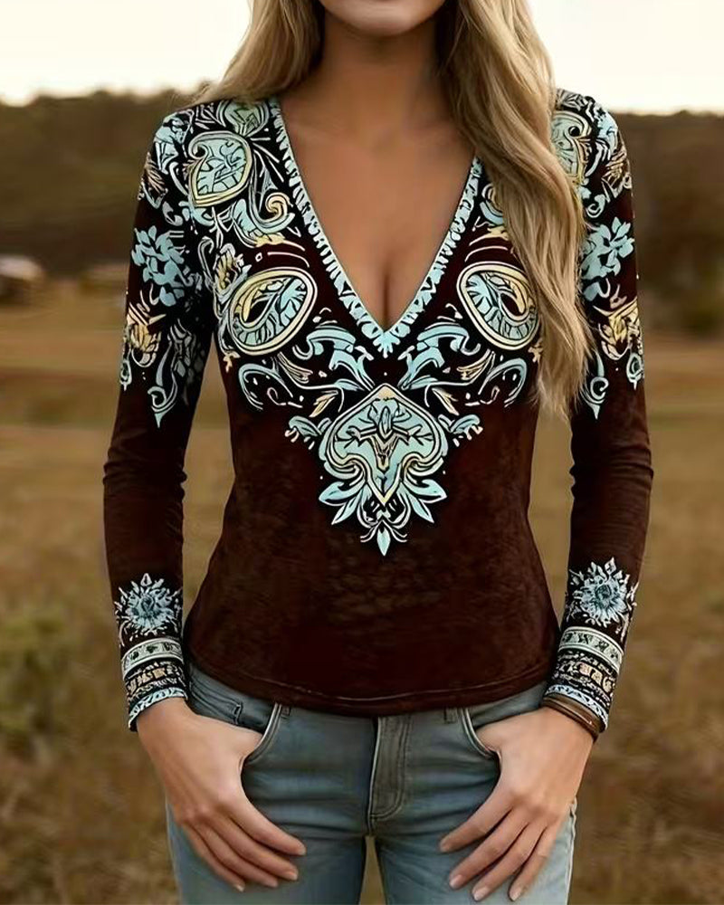 Deep V-Neck Ethnic Style Long-Sleeved Top