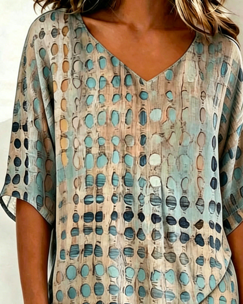 V-Neck Abstract Polka Dot Print Relaxed Blouse