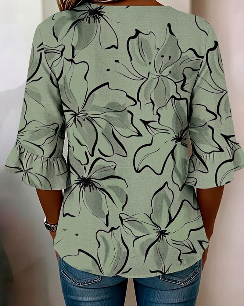 V-Neck Floral Ruffle Three-Quarter Sleeve Blouse