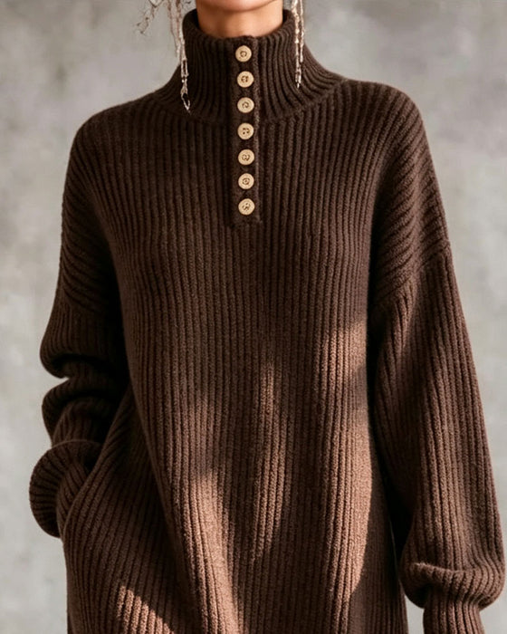 Turtleneck Button Slit Long Dress
