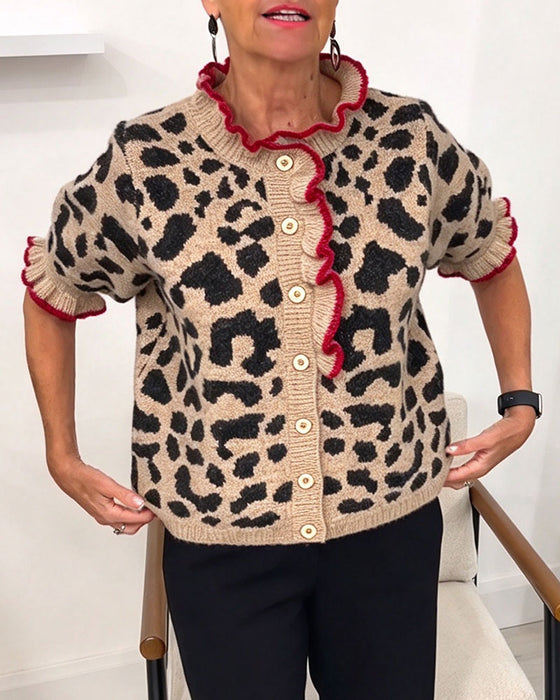 Ruffled Short-Sleeve Leopard Print Pullover