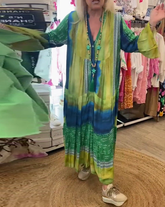 Printed casual V-neck flare sleeve long dress