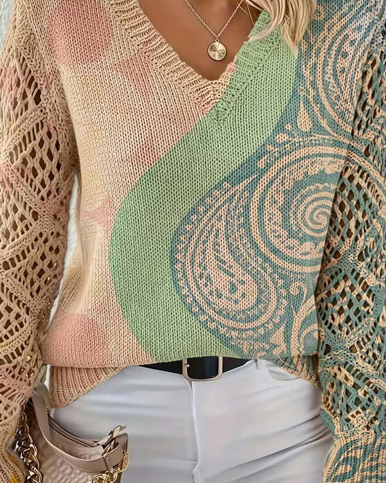 Color Block Hollow Out V-Neck Knit Pullover