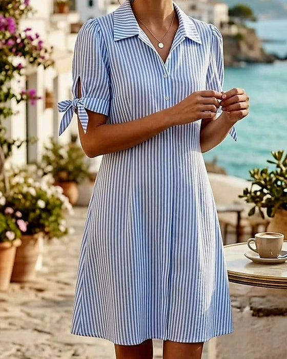 Bowknot Drawstring Cuff Striped Shirt Dress