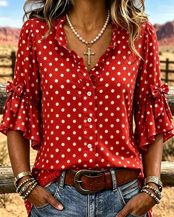 Polka Dot Ruffle Bow Shirt
