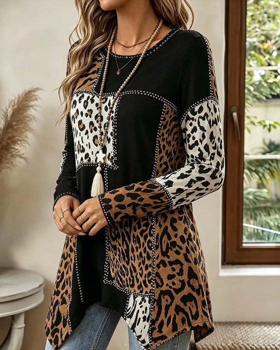 Leopard Print Patchwork Irregular Blouse