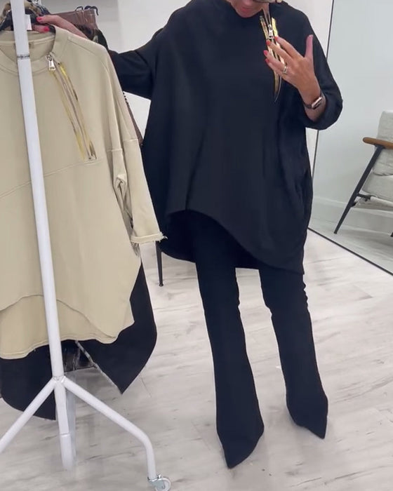 Side zipper pockets loose casual sweatshirt